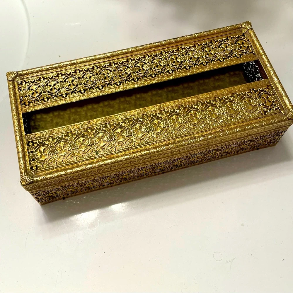 Vintage Tissue Box Holder Gold Filigree Hollywood Regency Metal